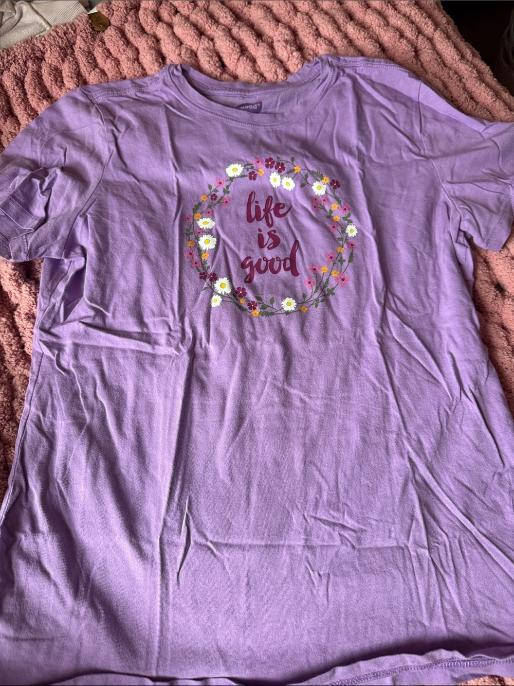 Life Is Good Lavender Short Sleeve Tee with Floral Wreath